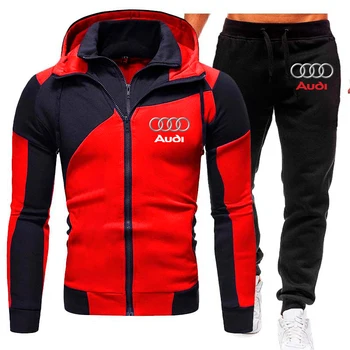2 Gabalas Rinkiniai Audi Automobilių Logotipas Spausdinti Vyrų Tracksuit Motociklų Lenktynių Sportiniai Gobtuvu Swearshirt+Kelnės Kostiumas Mados, Sporto Drabužiai Nuotrauka 2